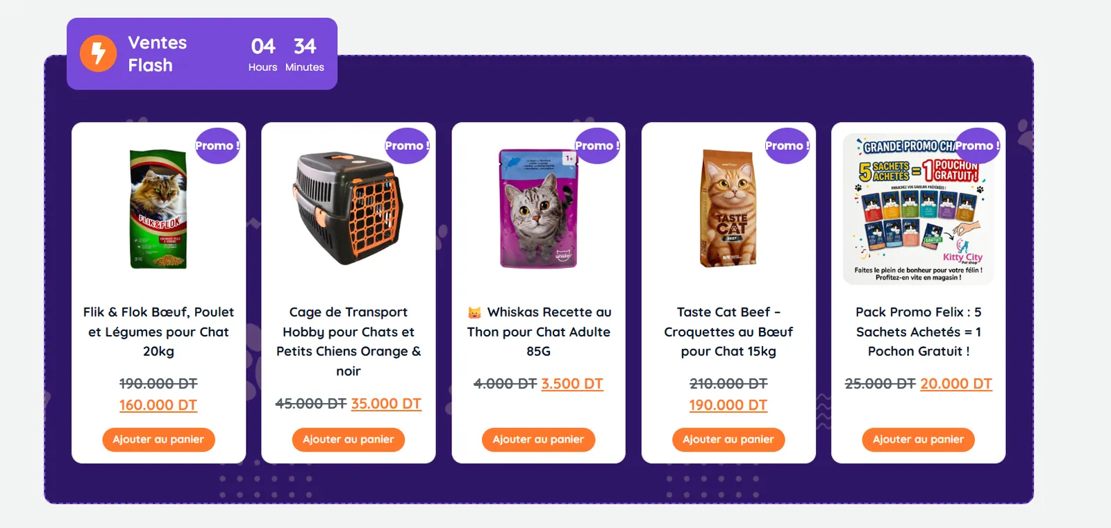 Catalogue : fiches produits avec photo, prix et ajout au panier.