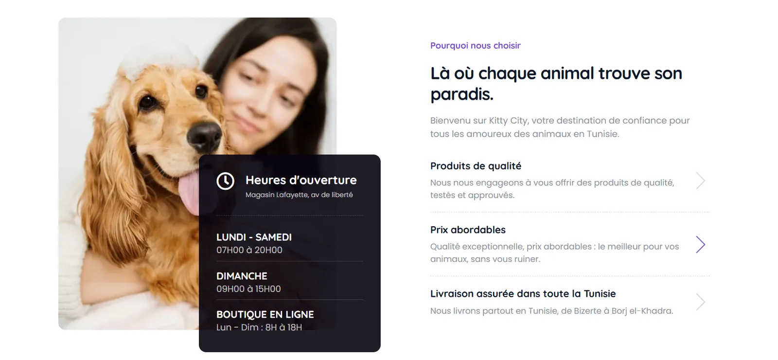 Page services : toilettage, conseils et prise de rendez-vous.