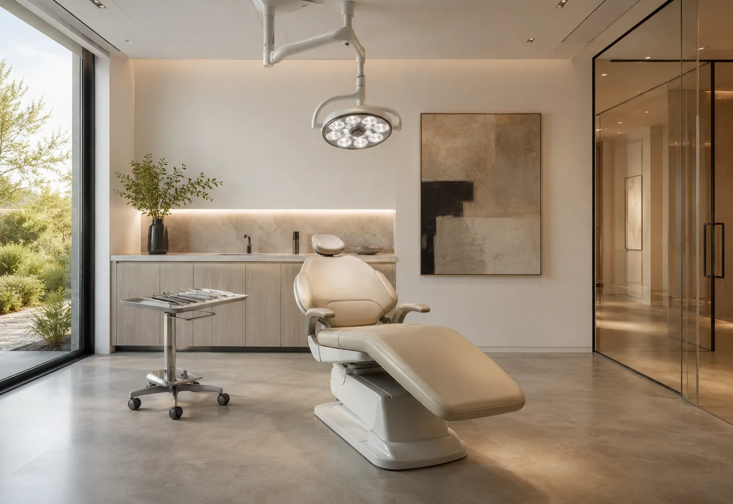 Salle de soins dentaires moderne, fauteuil cuir crème et lampe scialytique, lumière du jour.
