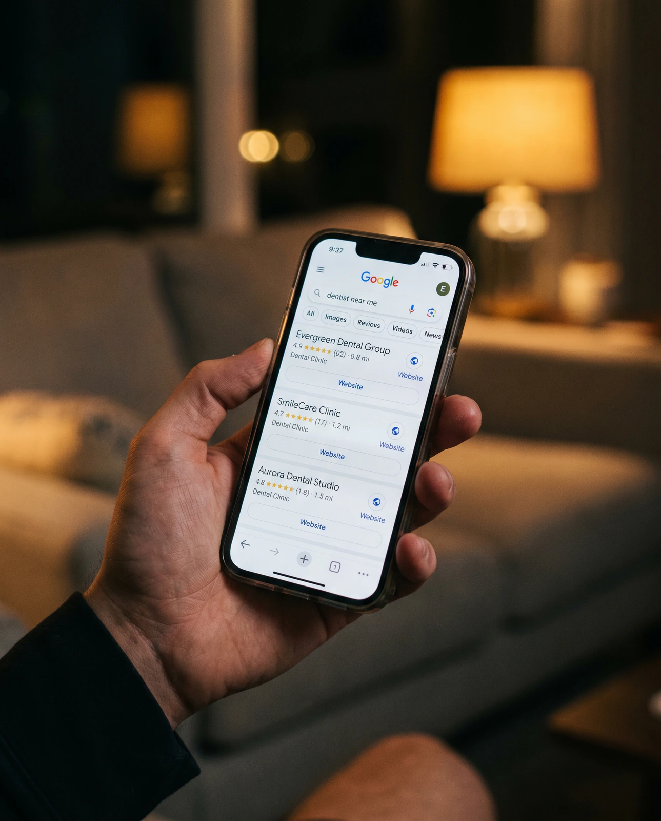 Patient comparant trois cabinets dentaires sur Google depuis son smartphone, le soir.
