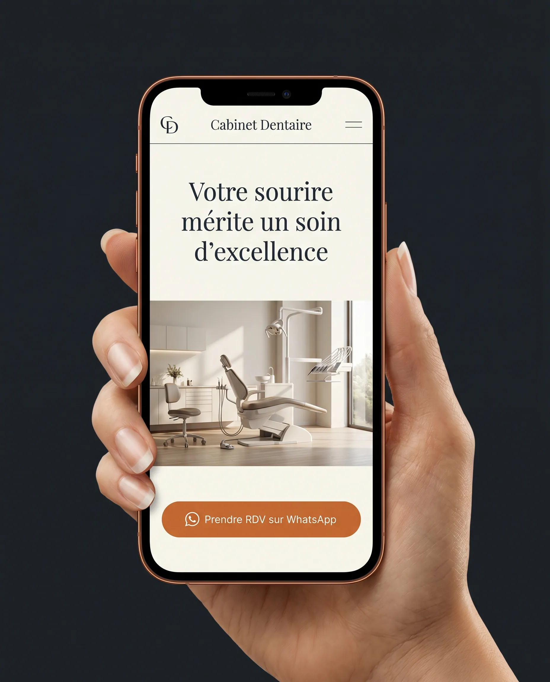 Smartphone tenu en main affichant la page d'accueil d'un site de cabinet dentaire avec bouton WhatsApp.