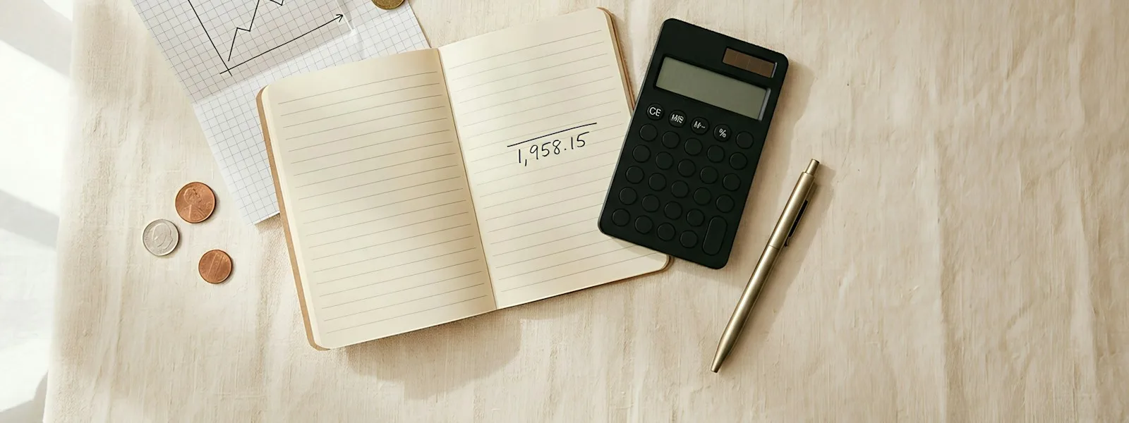 Une calculatrice, un carnet chiffré, des pièces et un graphique sur une table