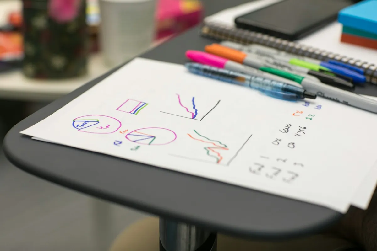Des étapes dessinées à la main sur une feuille, marqueurs posés à côté