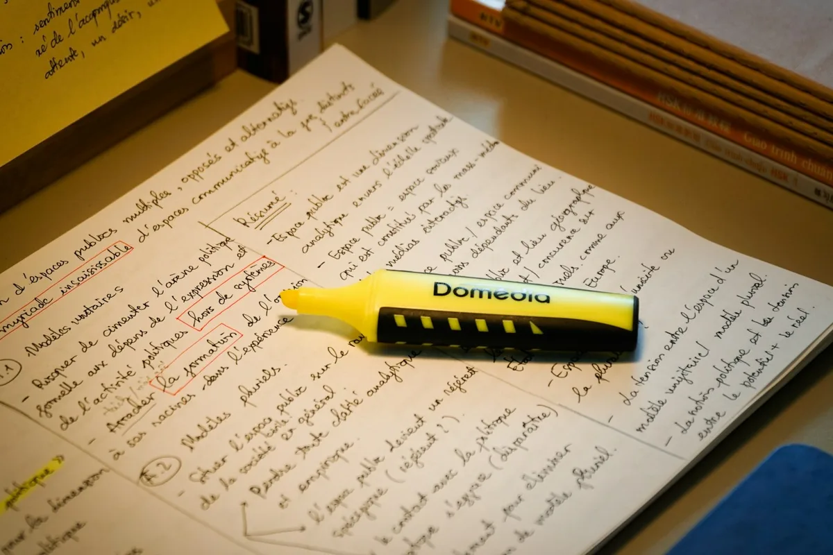 Un surligneur jaune posé sur une page de notes manuscrites annotées à la main