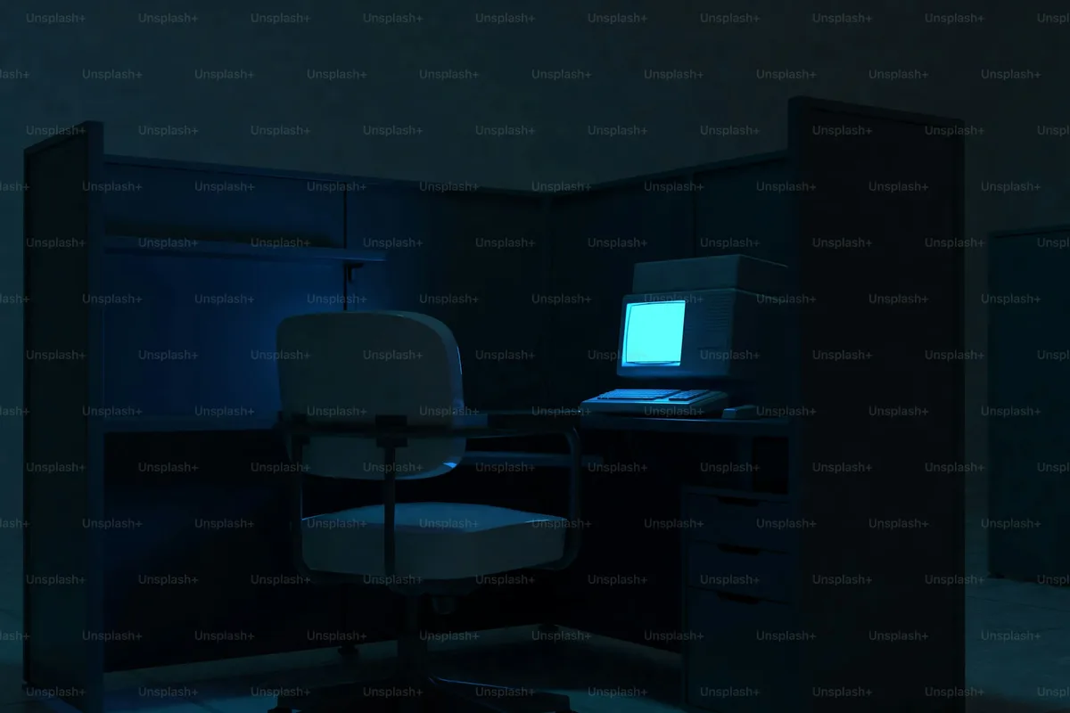 Poste de travail désert dans un bureau sombre, seul l'écran reste allumé