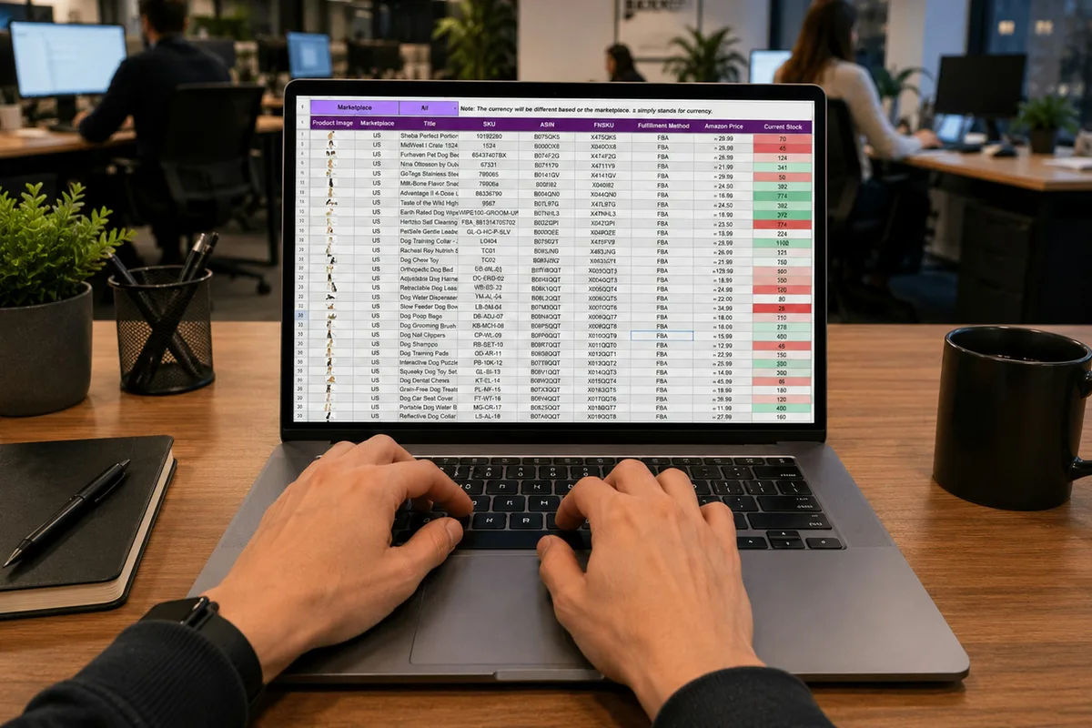 Des mains saisissent sur un ordinateur portable affichant un long tableau de transactions