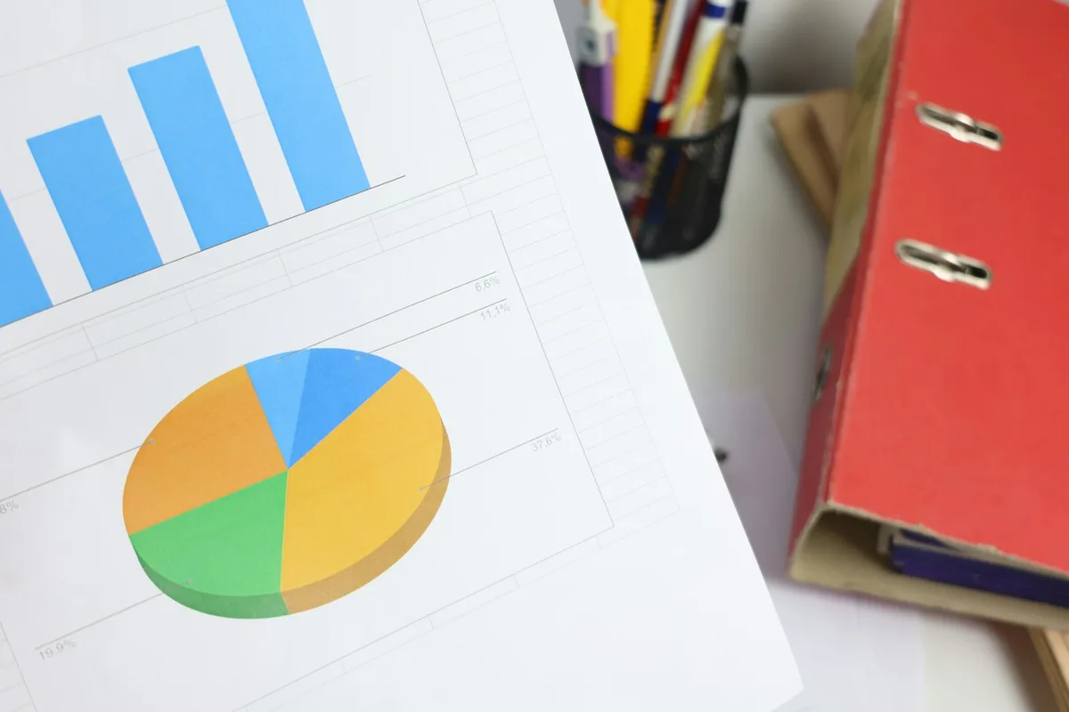 Un document imprimé couvert de graphiques en barres et en secteurs